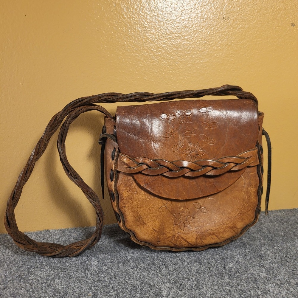 Vintage 1960s 70s tooled leather SHOULDER BAG Purse HAND MADE HIPPIE Sunflower